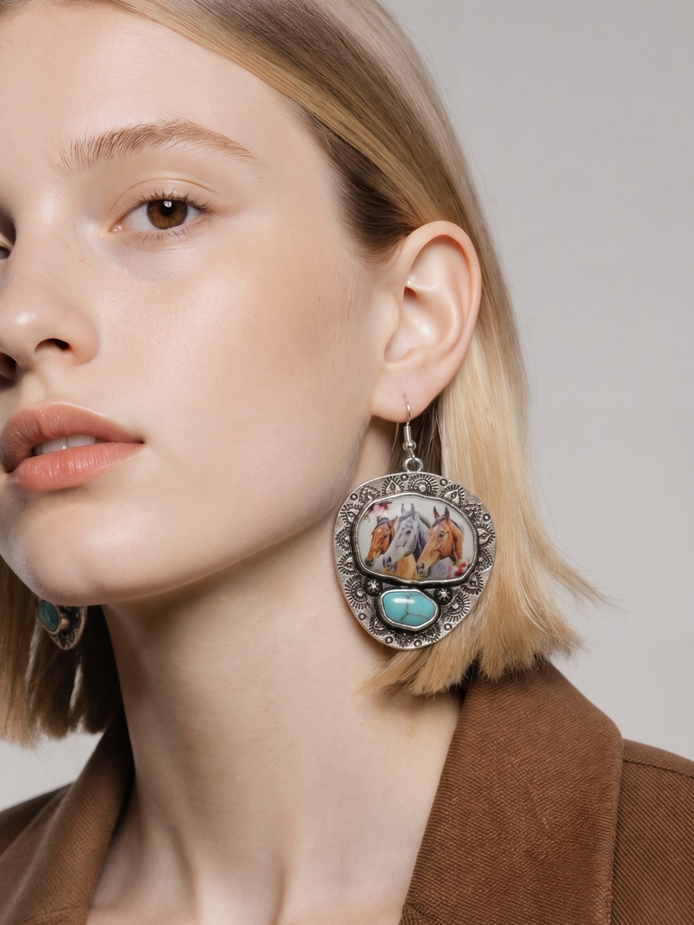 NWT Silver-Tone Horse Print Drop Earrings with Turquoise Accent - Women Jewelry